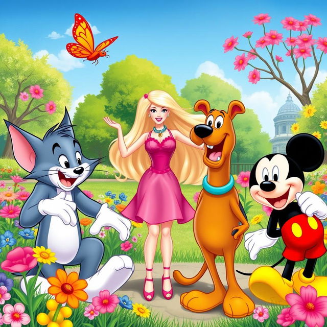 A whimsical scene featuring cartoon characters Tom from Tom and Jerry, Barbie in a stylish outfit, Scooby-Doo with his signature collar, and Mickey Mouse with his iconic red shorts and yellow shoes