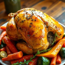 A beautifully roasted whole chicken, golden brown and glistening with herbs, stuffed with peppered freekeh