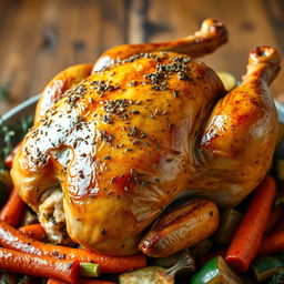 A beautifully roasted whole chicken, golden brown and glistening with herbs, stuffed with peppered freekeh