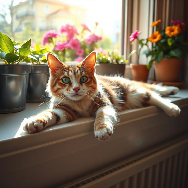 A captivating cat lounging on a sunny windowsill, stretching elegantly with its paws outstretched