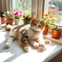 A captivating cat lounging on a sunny windowsill, stretching elegantly with its paws outstretched