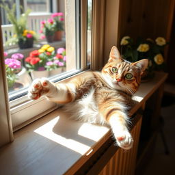 A captivating cat lounging on a sunny windowsill, stretching elegantly with its paws outstretched