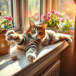 A captivating cat lounging on a sunny windowsill, stretching elegantly with its paws outstretched