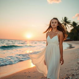 A scenic beach at sunset with a beautiful young woman standing on the shore, wearing a flowing white sundress, her hair gently blowing in the sea breeze