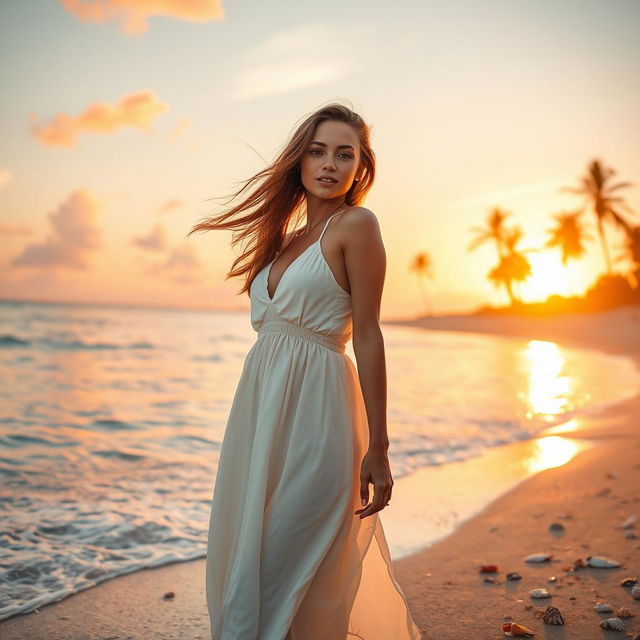 A scenic beach at sunset with a beautiful young woman standing on the shore, wearing a flowing white sundress, her hair gently blowing in the sea breeze