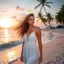 A scenic beach at sunset with a beautiful young woman standing on the shore, wearing a flowing white sundress, her hair gently blowing in the sea breeze