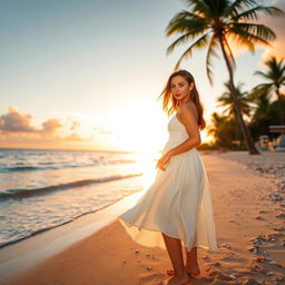 A scenic beach at sunset with a beautiful young woman standing on the shore, wearing a flowing white sundress, her hair gently blowing in the sea breeze