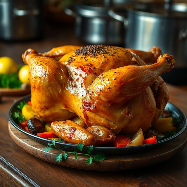 A delicious side view of a whole roasted chicken, perfectly golden-brown and glistening