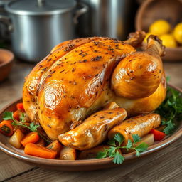A delicious side view of a whole roasted chicken, perfectly golden-brown and glistening