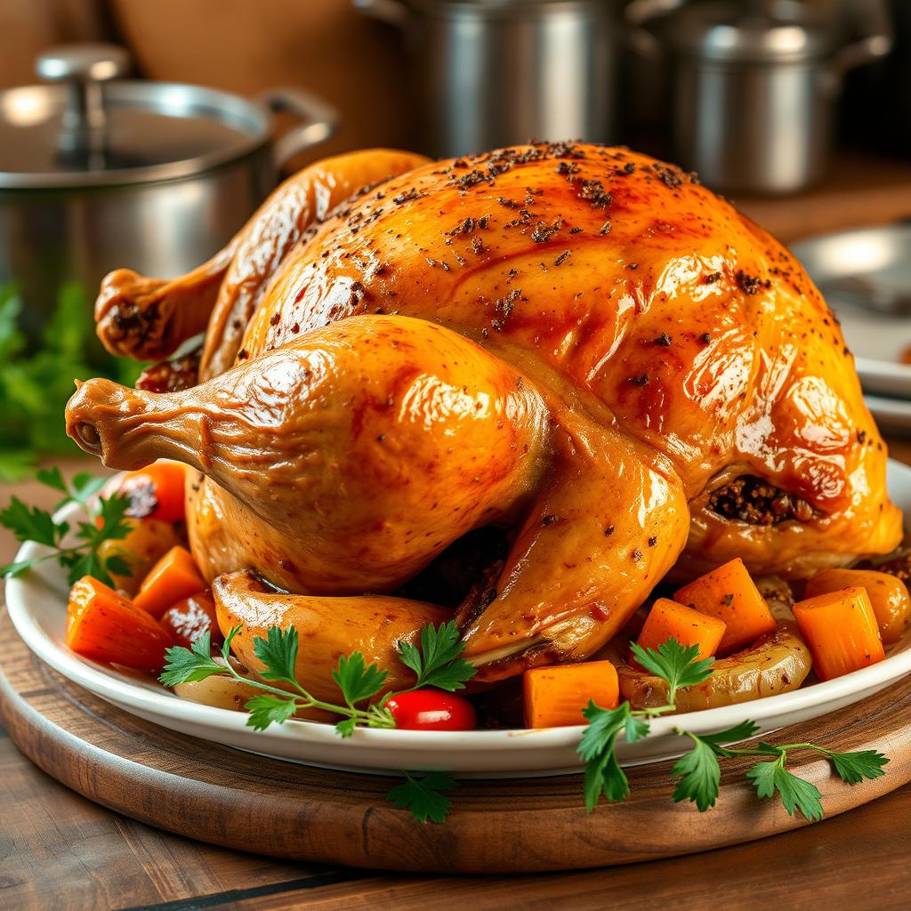 A delicious side view of a whole roasted chicken, perfectly golden-brown and glistening