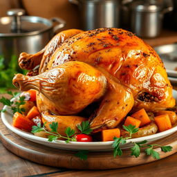 A delicious side view of a whole roasted chicken, perfectly golden-brown and glistening