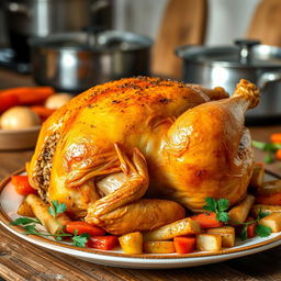 A delicious side view of a whole roasted chicken, perfectly golden-brown and glistening