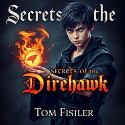 An ebook cover for a dark magic novel titled 'Secrets of the Direhawk' by Tom Fisher