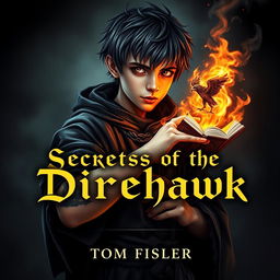 An ebook cover for a dark magic novel titled 'Secrets of the Direhawk' by Tom Fisher