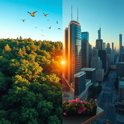 A striking visual representation of the contrast between nature and humanity, depicting a lush, vibrant forest on one side with an array of green trees, wildflowers, and a clear blue sky