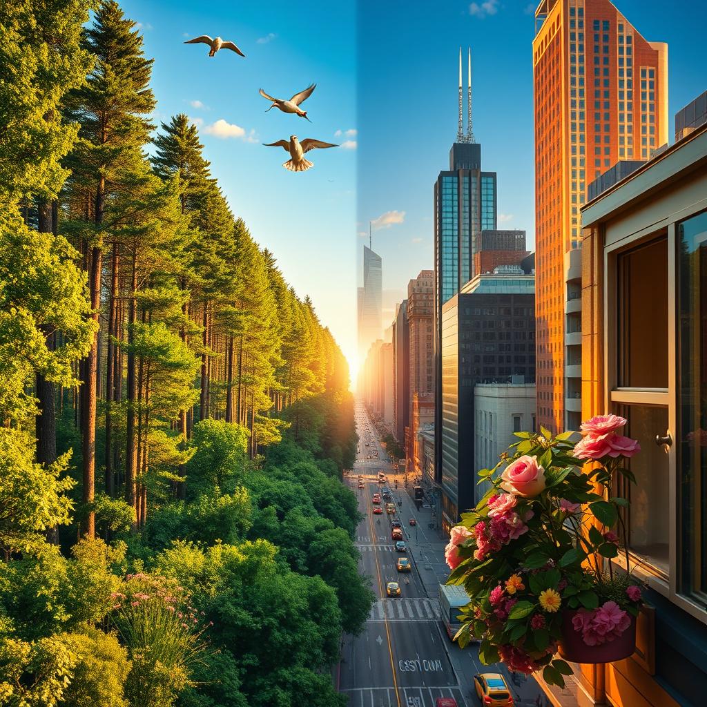 A striking visual representation of the contrast between nature and humanity, depicting a lush, vibrant forest on one side with an array of green trees, wildflowers, and a clear blue sky