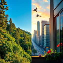 A striking visual representation of the contrast between nature and humanity, depicting a lush, vibrant forest on one side with an array of green trees, wildflowers, and a clear blue sky