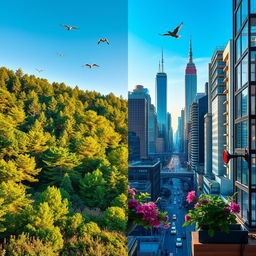 A striking visual representation of the contrast between nature and humanity, depicting a lush, vibrant forest on one side with an array of green trees, wildflowers, and a clear blue sky
