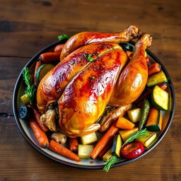 A beautifully styled plate featuring a whole roasted chicken, perfectly glazed and golden brown, stuffed with peppered freekeh