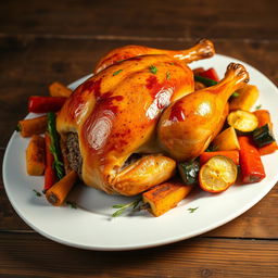 A beautifully styled plate featuring a whole roasted chicken, perfectly glazed and golden brown, stuffed with peppered freekeh
