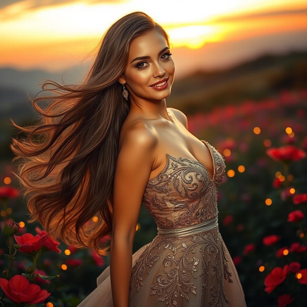 A stunningly beautiful woman with long flowing hair, striking features, and an enchanting smile, wearing an elegant evening gown that shimmers with intricate patterns