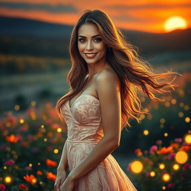 A stunningly beautiful woman with long flowing hair, striking features, and an enchanting smile, wearing an elegant evening gown that shimmers with intricate patterns