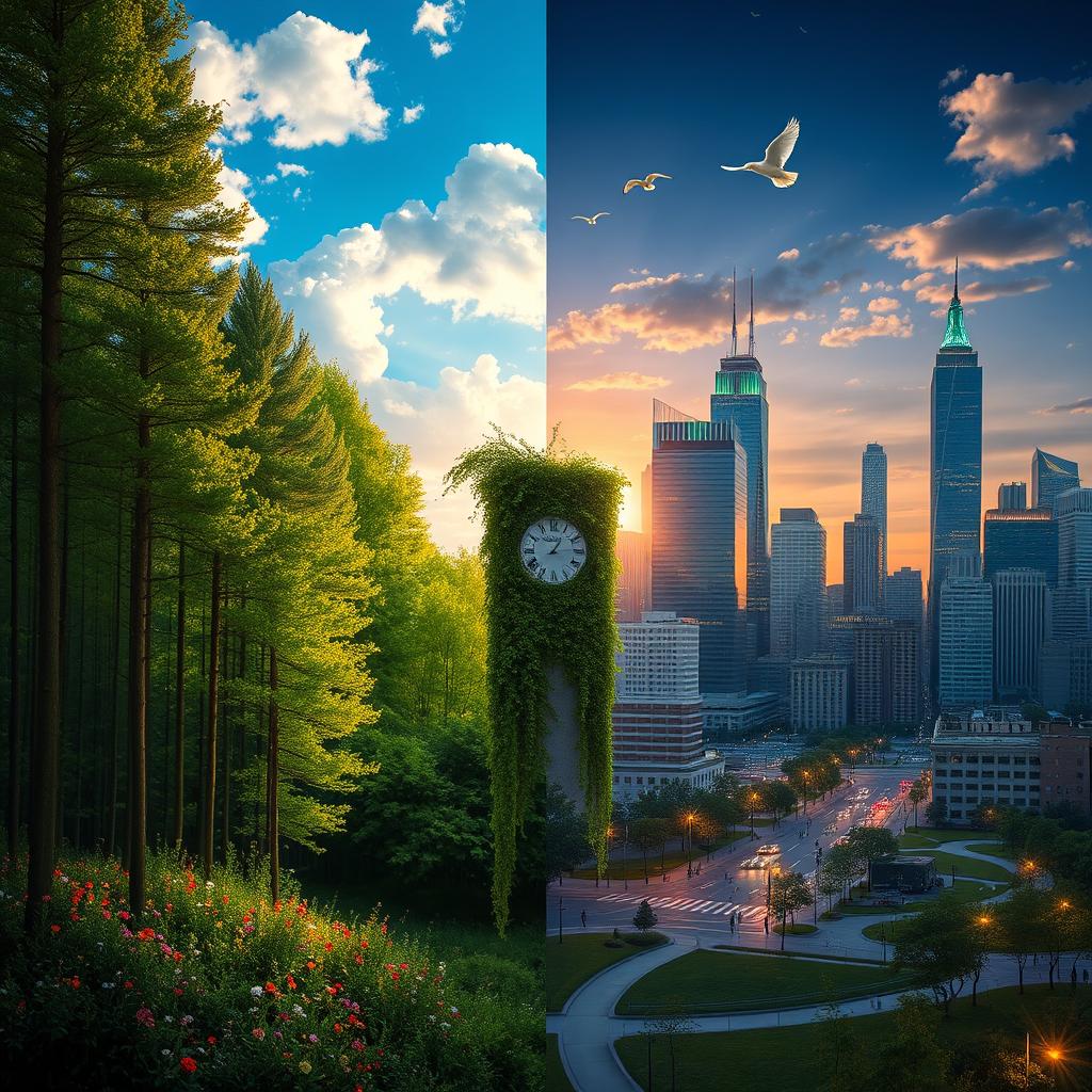 A captivating depiction of the juxtaposition between nature and humanity, showcasing a serene, lush forest on one side filled with tall green trees, colorful wildflowers, and a clear blue sky dotted with fluffy white clouds