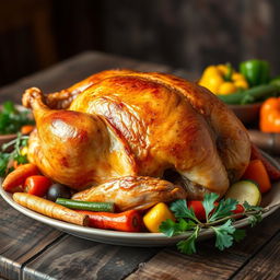 A beautifully arranged whole chicken, golden brown and roasted to perfection, stuffed with fragrant peppered freekeh and colorful vegetables