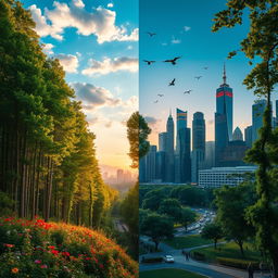 A captivating depiction of the juxtaposition between nature and humanity, showcasing a serene, lush forest on one side filled with tall green trees, colorful wildflowers, and a clear blue sky dotted with fluffy white clouds