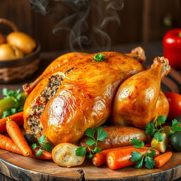 A beautifully arranged whole chicken, golden brown and roasted to perfection, stuffed with fragrant peppered freekeh and colorful vegetables