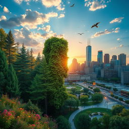A captivating depiction of the juxtaposition between nature and humanity, showcasing a serene, lush forest on one side filled with tall green trees, colorful wildflowers, and a clear blue sky dotted with fluffy white clouds