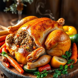 A beautifully arranged whole chicken, golden brown and roasted to perfection, stuffed with fragrant peppered freekeh and colorful vegetables