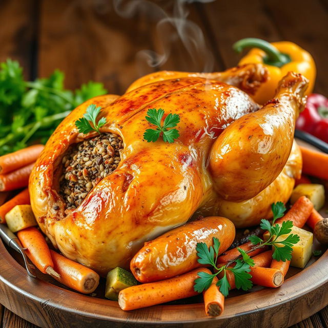 A beautifully arranged whole chicken, golden brown and roasted to perfection, stuffed with fragrant peppered freekeh and colorful vegetables