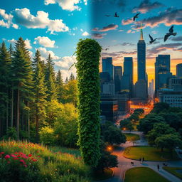 A captivating depiction of the juxtaposition between nature and humanity, showcasing a serene, lush forest on one side filled with tall green trees, colorful wildflowers, and a clear blue sky dotted with fluffy white clouds