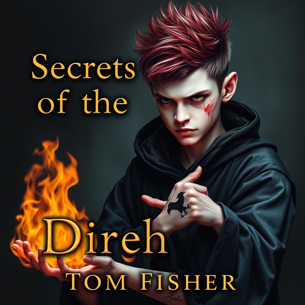 An ebook cover for a dark magic novel titled 'Secrets of the Direhawk' by Tom Fisher