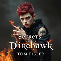 An ebook cover for a dark magic novel titled 'Secrets of the Direhawk' by Tom Fisher