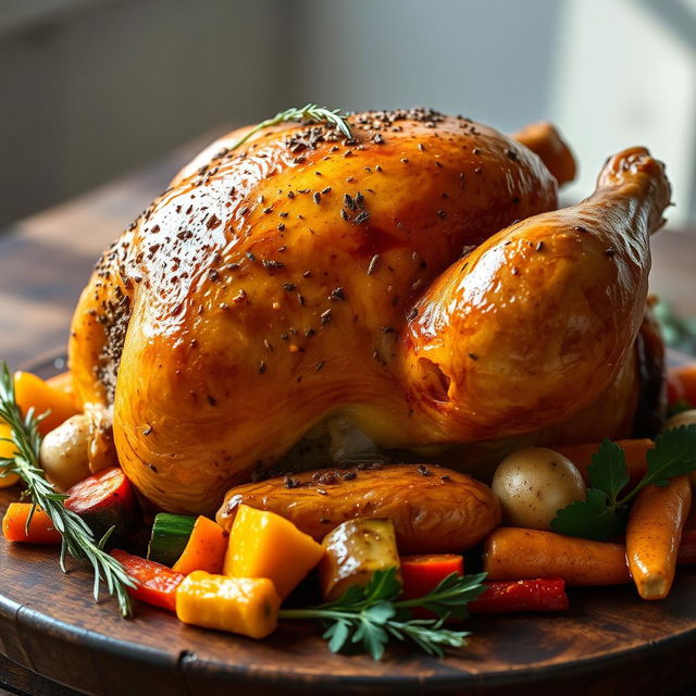 A beautifully arranged side view of a whole roasted chicken, perfectly golden brown and glistening, stuffed with peppered freekeh and surrounded by colorful, vibrant vegetables like bell peppers, carrots, and zucchini