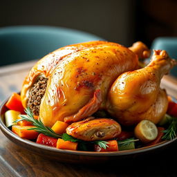 A beautifully arranged side view of a whole roasted chicken, perfectly golden brown and glistening, stuffed with peppered freekeh and surrounded by colorful, vibrant vegetables like bell peppers, carrots, and zucchini
