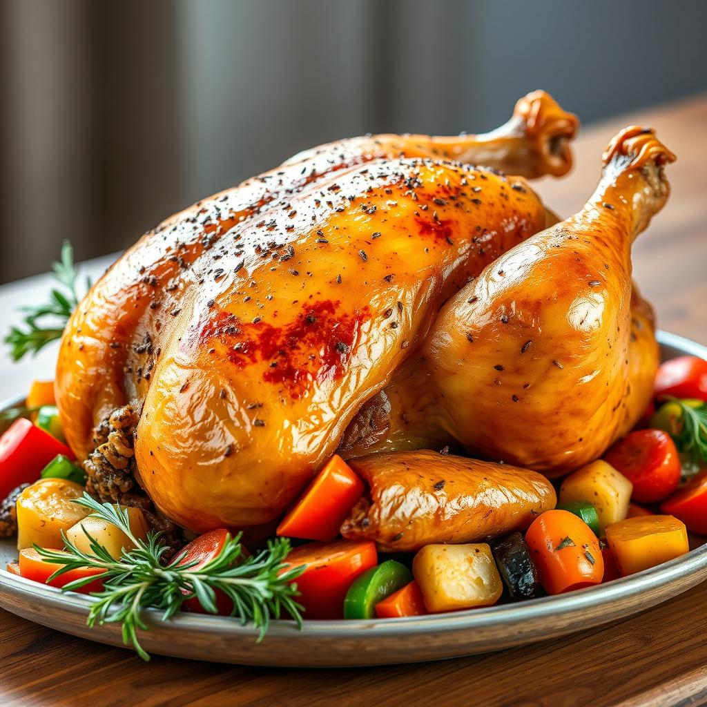 A beautifully arranged side view of a whole roasted chicken, perfectly golden brown and glistening, stuffed with peppered freekeh and surrounded by colorful, vibrant vegetables like bell peppers, carrots, and zucchini