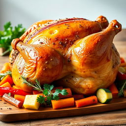 A beautifully arranged side view of a whole roasted chicken, perfectly golden brown and glistening, stuffed with peppered freekeh and surrounded by colorful, vibrant vegetables like bell peppers, carrots, and zucchini