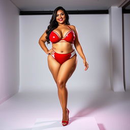 A smiling BBW woman with a voluptuous figure, showcasing her big breasts and ample cleavage