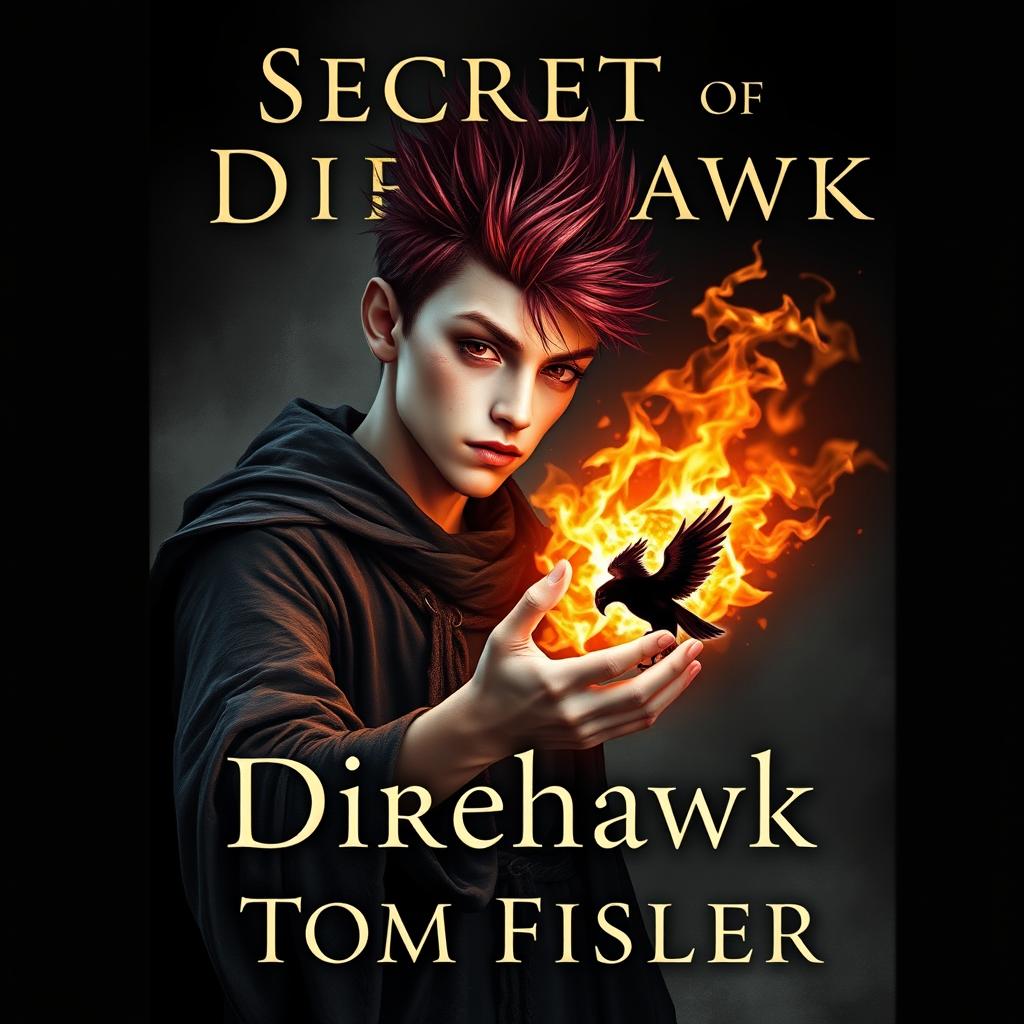 An ebook cover for a dark magic novel titled 'Secrets of the Direhawk' by Tom Fisher