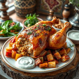 A beautifully arranged roasted chicken stuffed with frikeh, plated elegantly on a rustic wooden surface