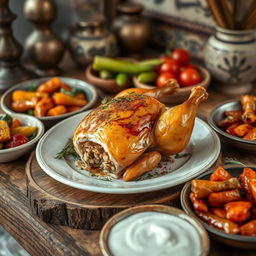 A beautifully arranged roasted chicken stuffed with frikeh, plated elegantly on a rustic wooden surface