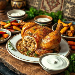 A beautifully arranged roasted chicken stuffed with frikeh, plated elegantly on a rustic wooden surface