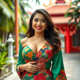 A beautiful Malaysian woman with large breasts, radiating a playful and flirtatious charm