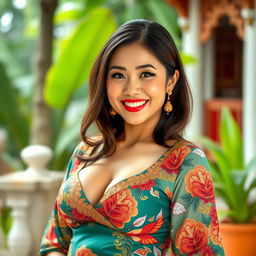 A beautiful Malaysian woman with large breasts, radiating a playful and flirtatious charm