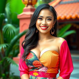 A beautiful Malaysian woman with large breasts, radiating a playful and flirtatious charm