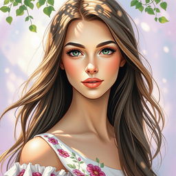 A beautifully detailed portrait of a graceful woman with long flowing hair, artistically rendered in an impressionist style