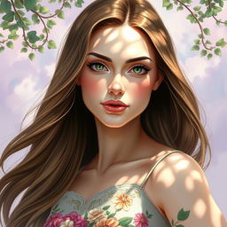 A beautifully detailed portrait of a graceful woman with long flowing hair, artistically rendered in an impressionist style